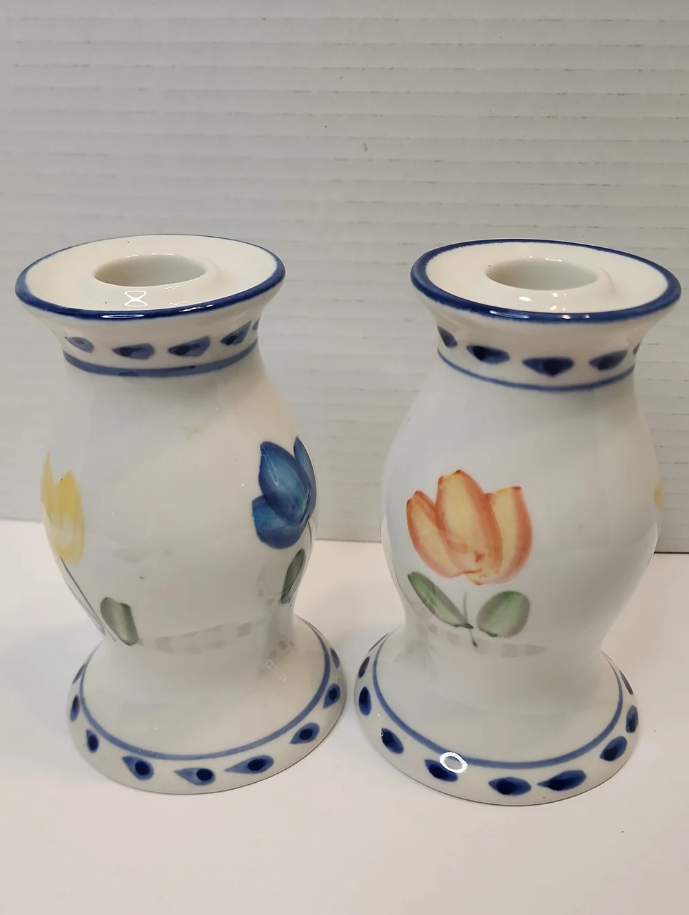 Pair Of Hand-Painted Floral Tulip Design Ceramic Candle Holders